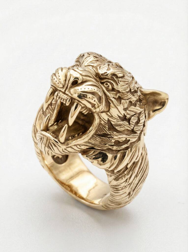Anillo cabeza de tigre grande plata chapada en oro para hombre Roberto Axpe