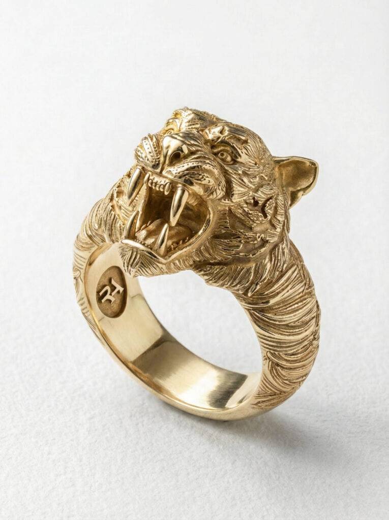 Anillo cabeza de tigre plata chapada en oro para hombre Roberto Axpe