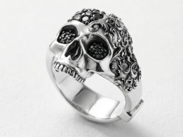 Anillo calavera filigrana barroca plata 925 y diamantes negros para hombre Roberto Axpe