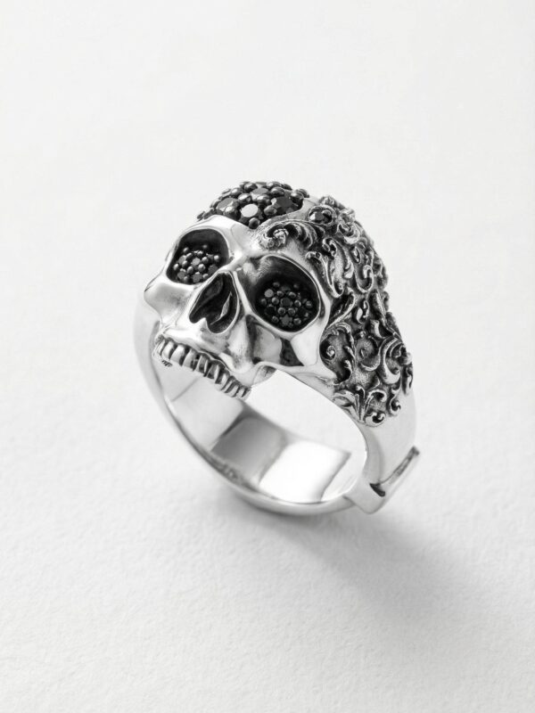 Anillo calavera filigrana barroca plata 925 y diamantes negros para hombre Roberto Axpe