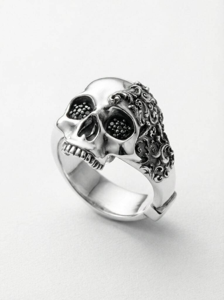 Anillo calavera filigrana barroca plata 925 y diamantes negros ojos para hombre Roberto Axpe