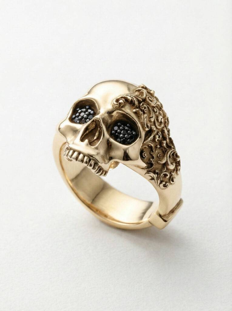 Anillo calavera filigrana barroca plata chapada oro y diamantes negros en los ojos para hombre Roberto Axpe