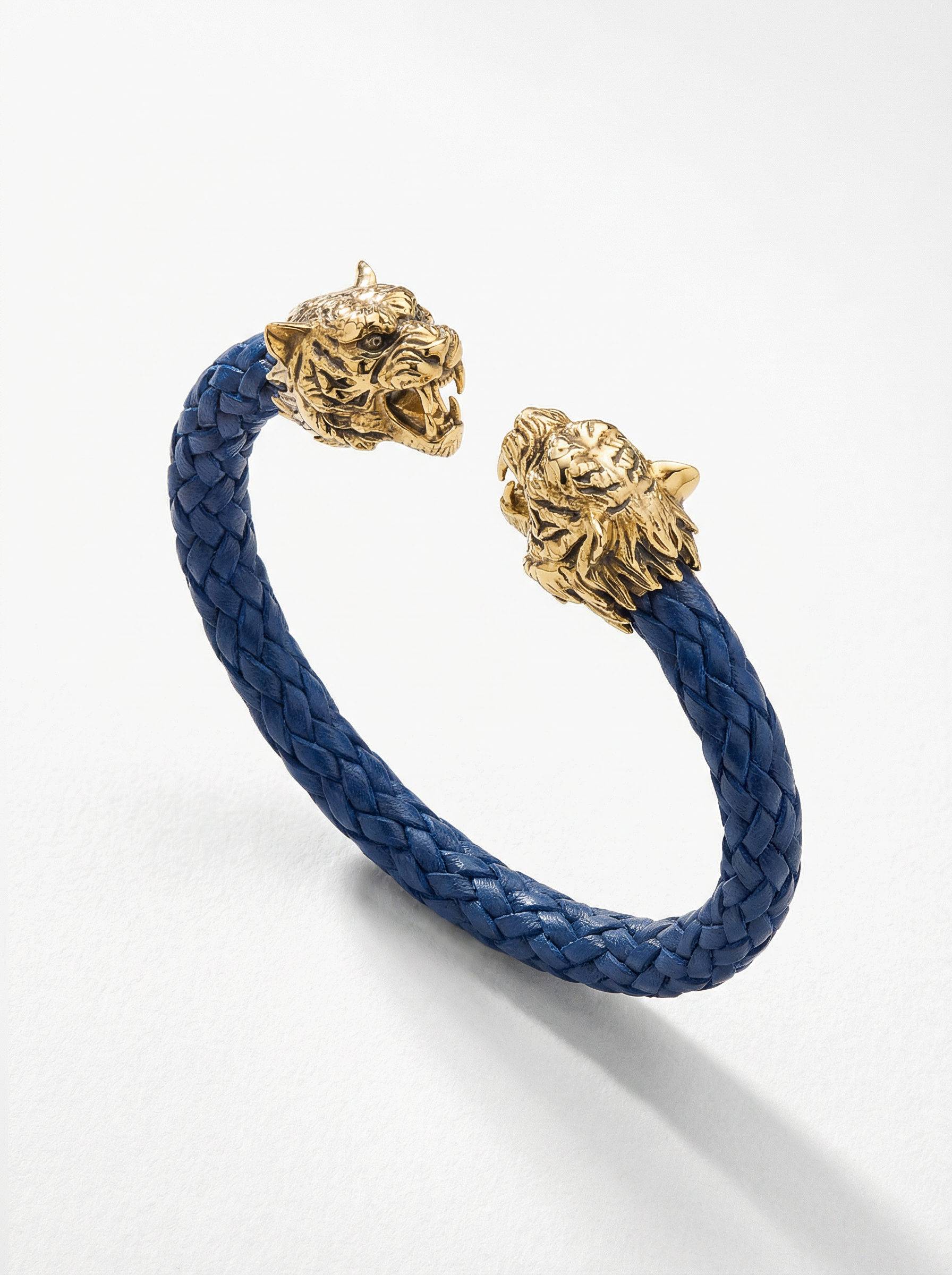 pulsera-piel-azul-tigre-plata-chapa-oro-vista-perspectiva-1
