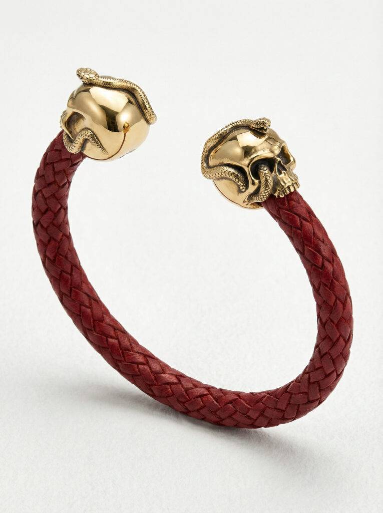 pulsera-piel-calavera-serpiente-plata-chapada-oro-vista-perspectiva