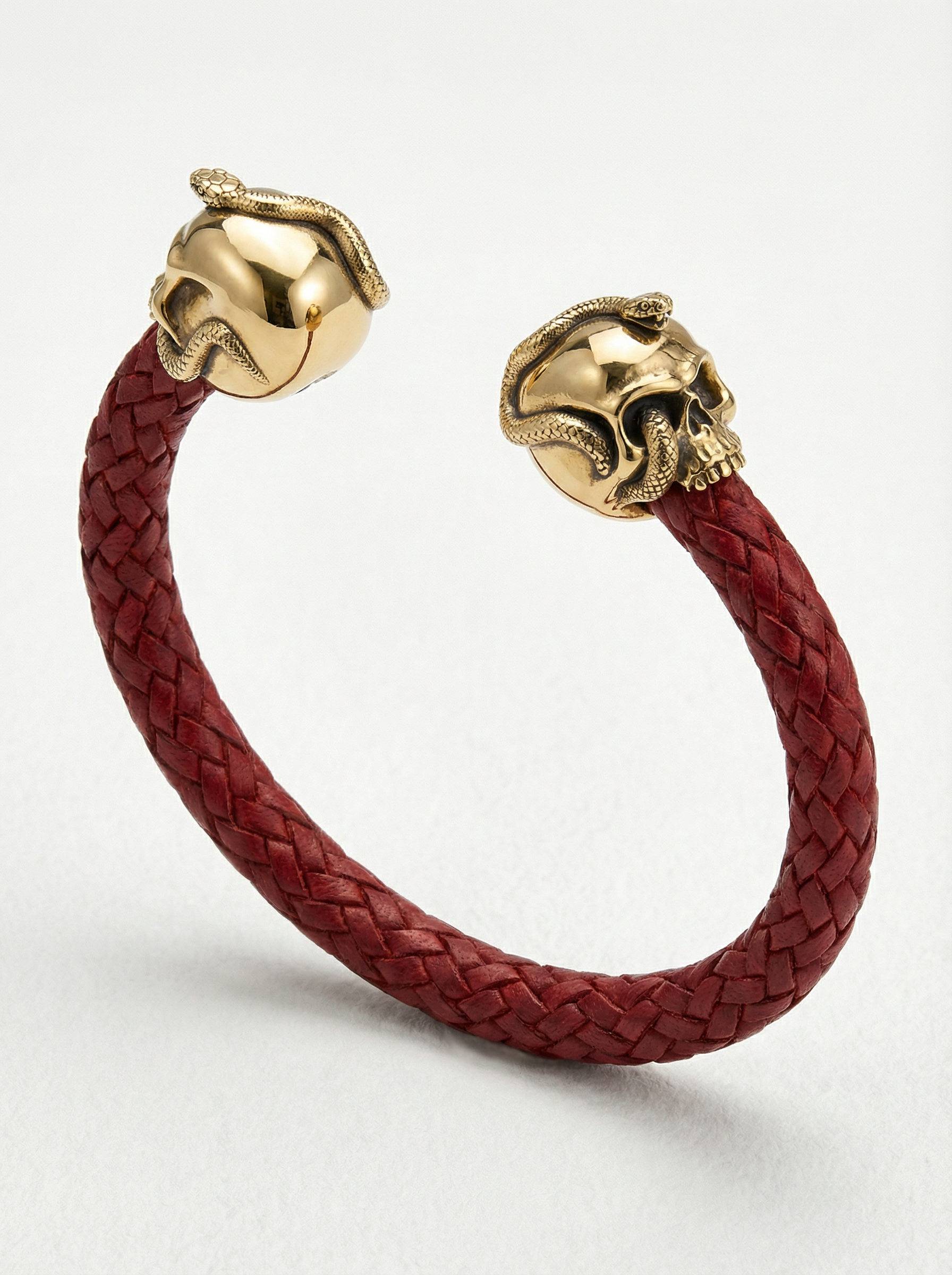 pulsera-piel-calavera-serpiente-plata-chapada-oro-vista-perspectiva