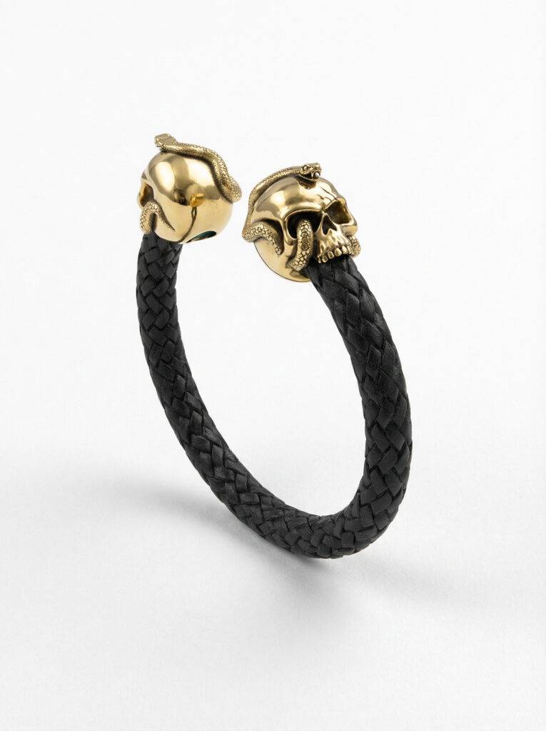 pulsera-piel-calavera-serpiente-plata-chapada-oro-vista-perspectiva