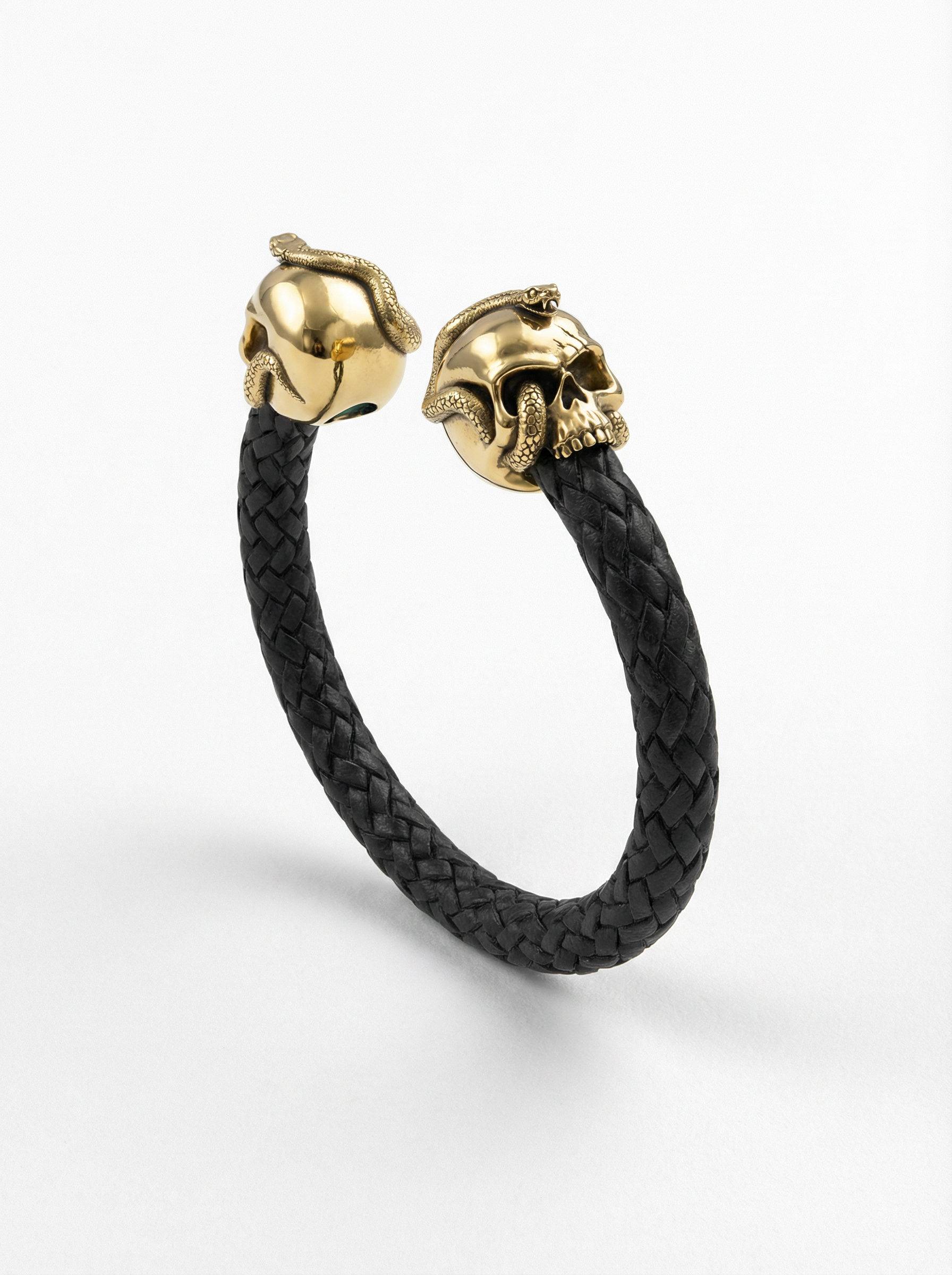 pulsera-piel-calavera-serpiente-plata-chapada-oro-vista-perspectiva
