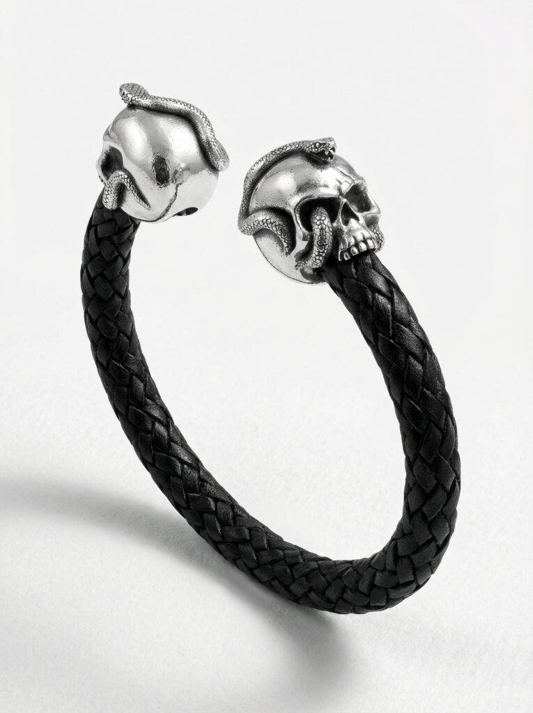 pulsera-piel-calavera-serpiente-plata-vista-perspectiva-2