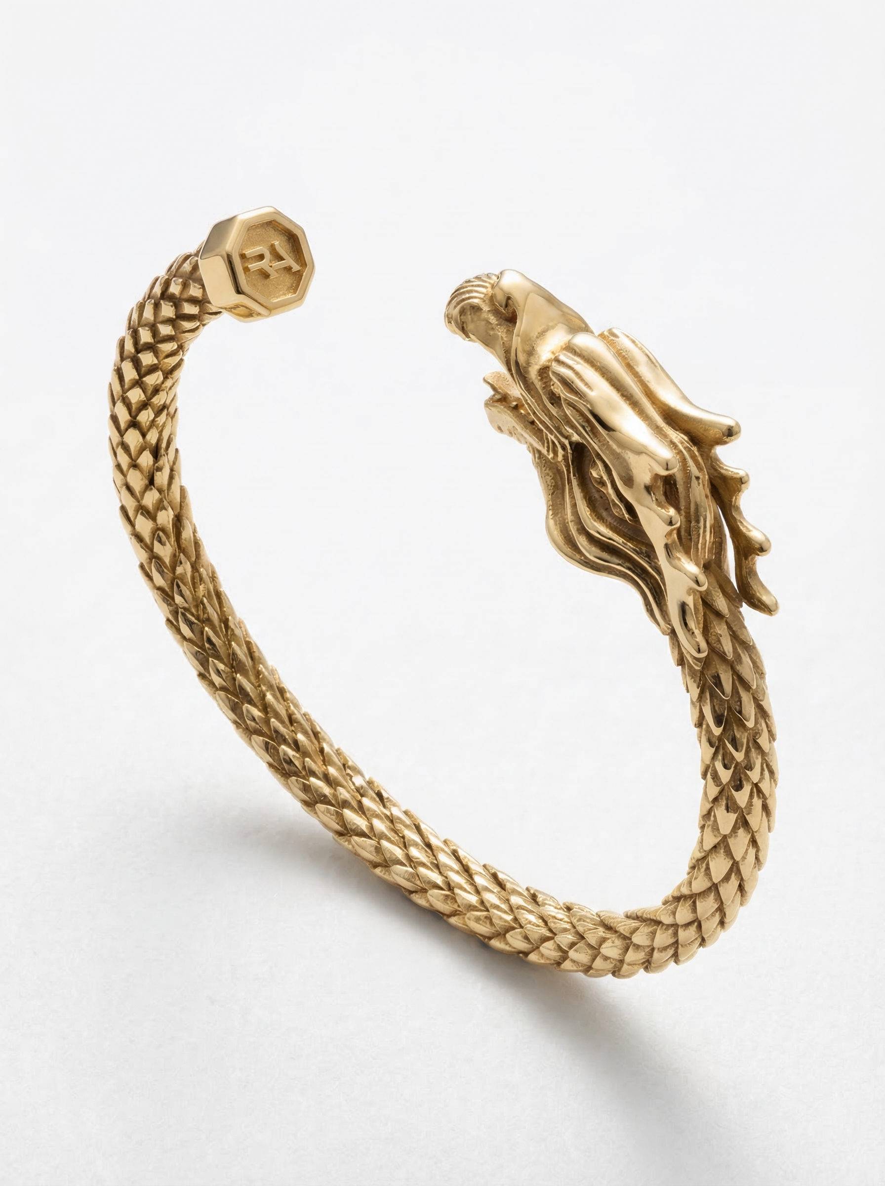 pulsera-rigida-dragón-plata-chapada-oro-vista-perspectiva