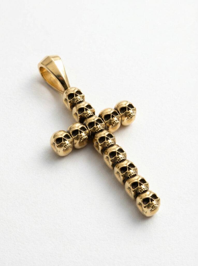 cruz de calaveras de plata chapada en oro de 18k-pequeña- vista perspectiva