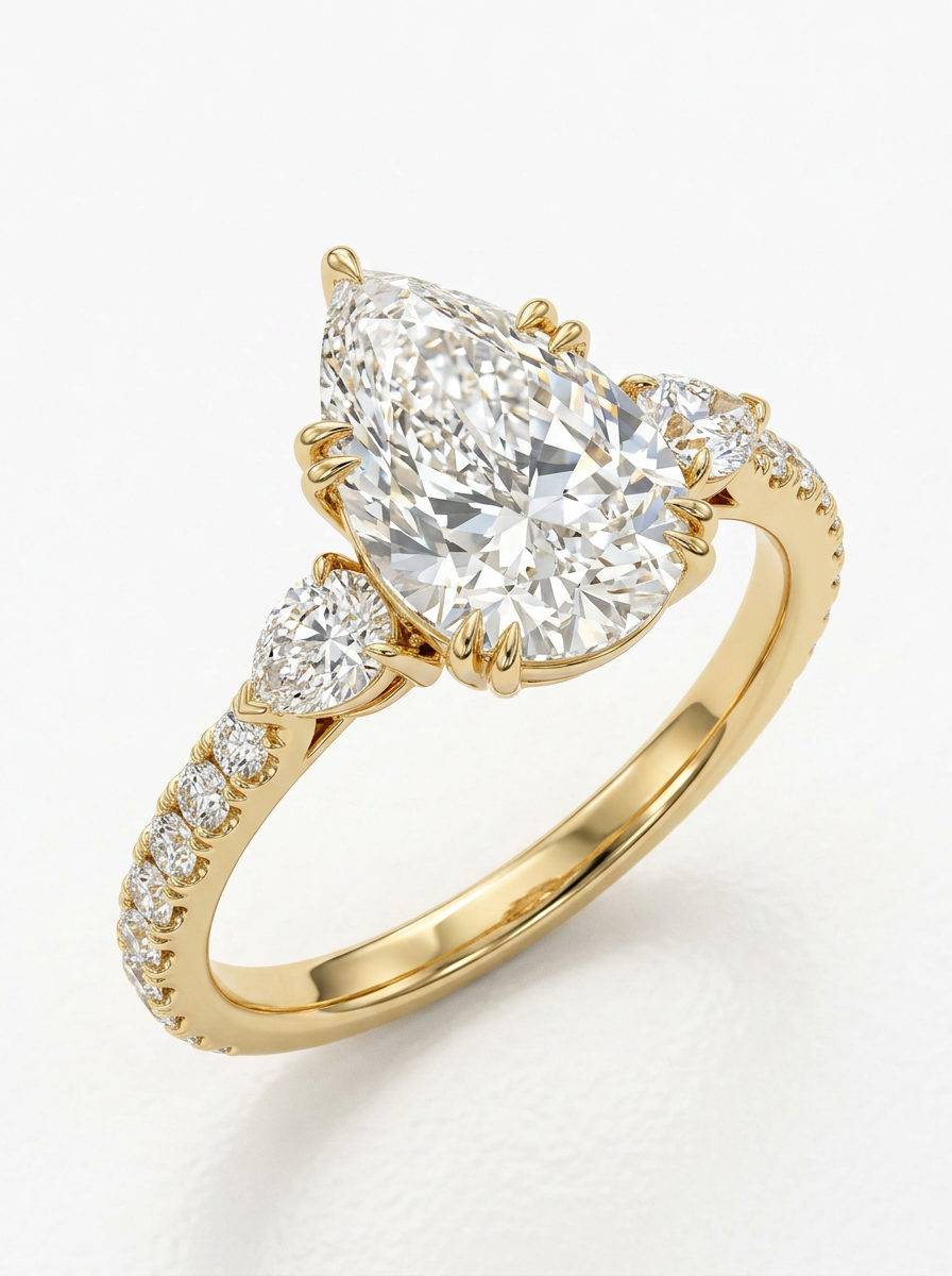 Anillo oro 18k con diamante forma pera y diamantes laterales- vista perspectiva