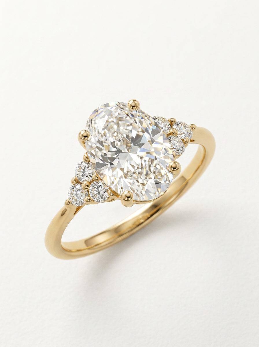 Anillo oro amarillo 18k con diamante forma oval y diamantes laterales- vista perspectiva