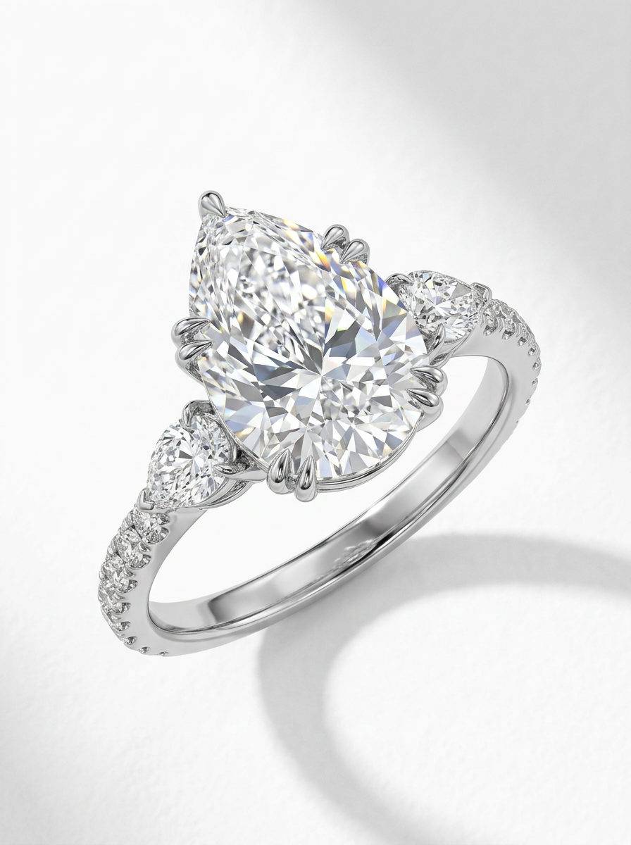 Anillo oro blanco 18k con diamante forma pera y diamantes laterales- vista perspectiva
