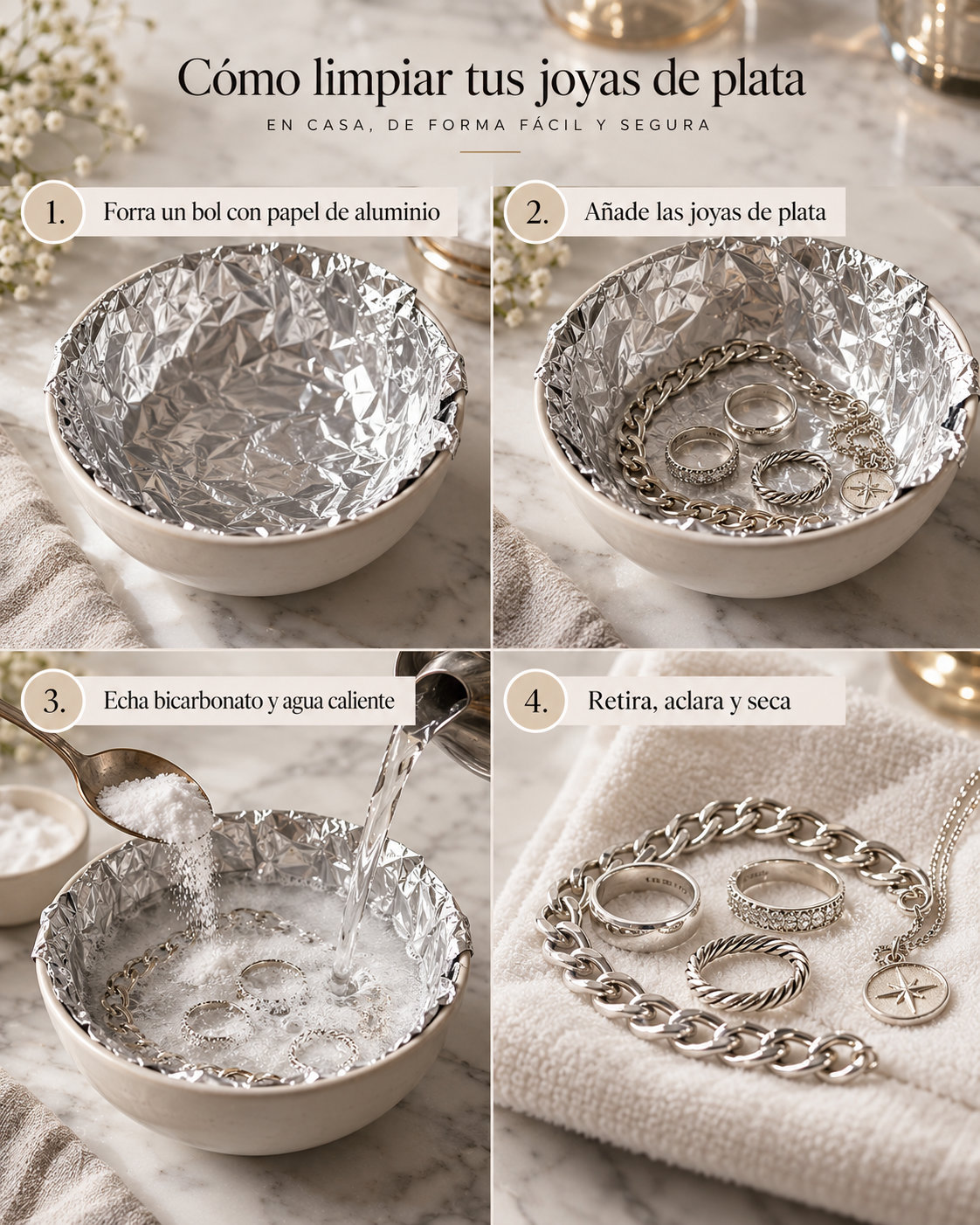 Imagen del método de aluminio y bicarbonato para plata; no aplicarlo a joyas con piedras, baños o acabados oxidados, según las precauciones de esta guía