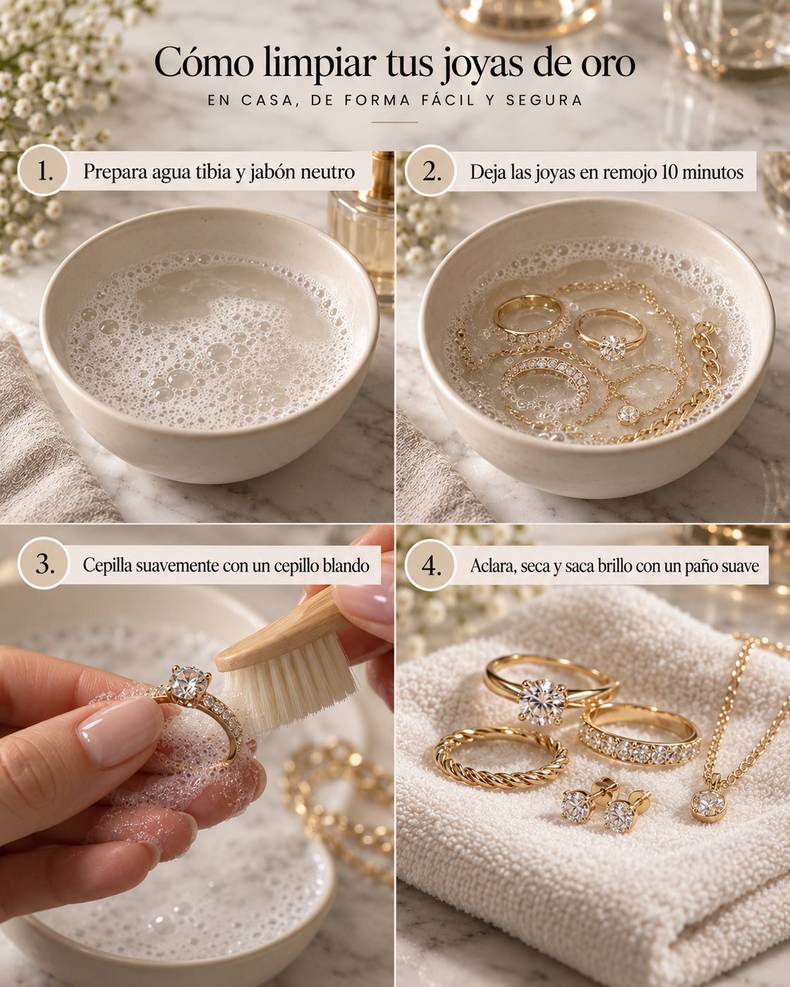 Limpieza orientativa de joyas de oro con agua tibia, jabón neutro y cepillo suave; consultar las precauciones para piedras y acabados