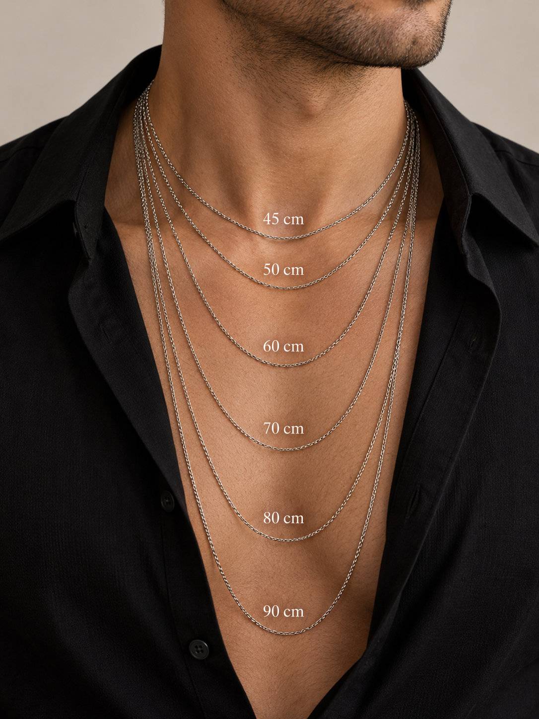 Guía visual de longitudes de collares para hombre: 45, 50, 60, 70, 80 y 90 cm