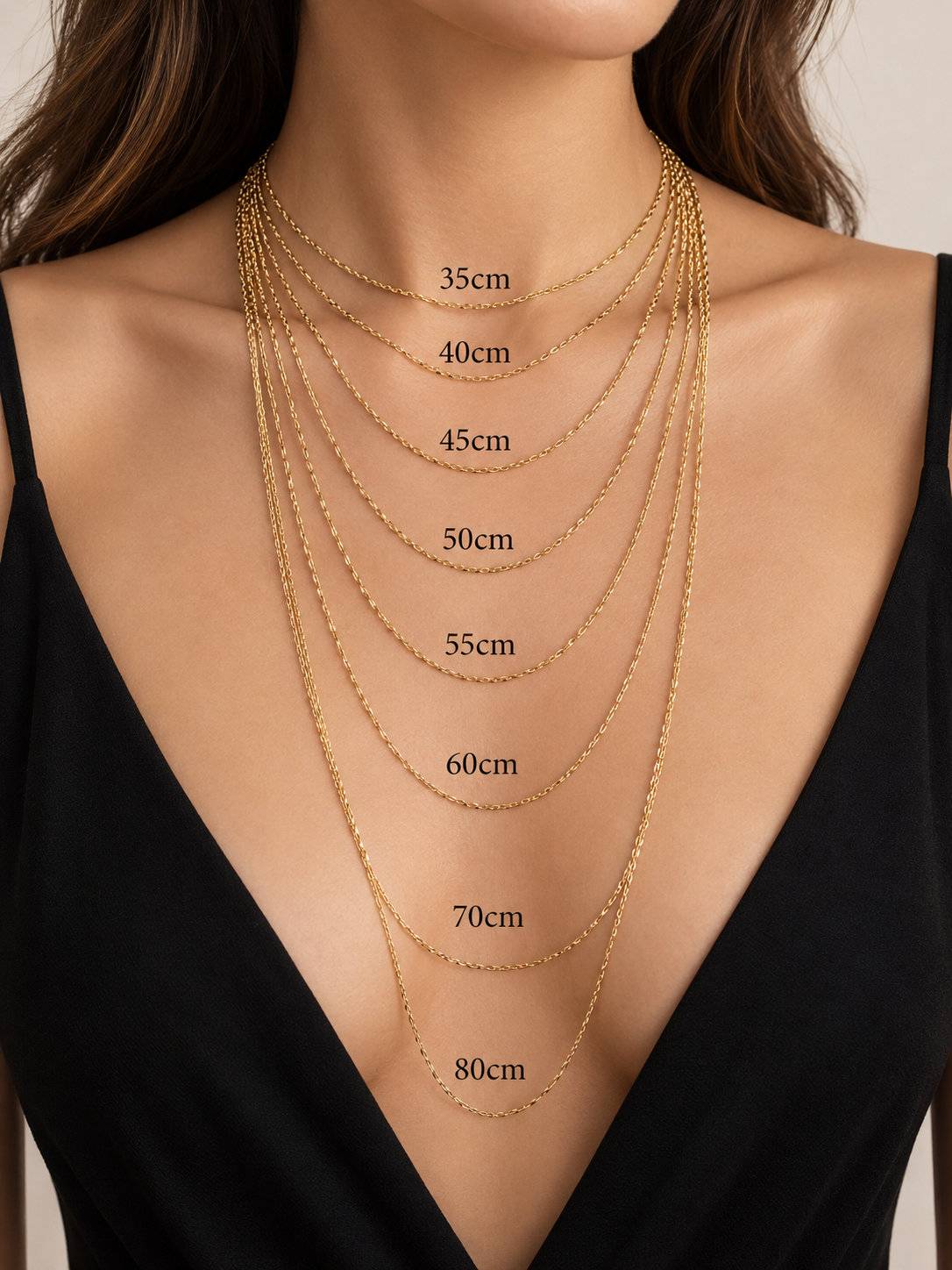 Guía visual de longitudes de collares para mujer: 35, 40, 45, 50, 55, 60, 70 y 80 cm