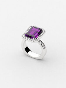 Anillo de oro blanco 18k con gema rectangular y diamantes naturales