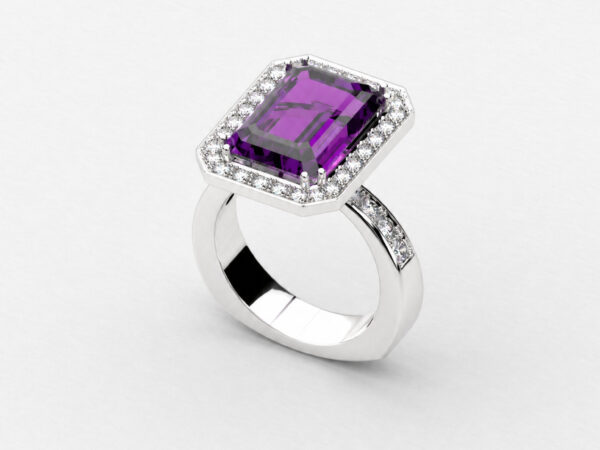 Anillo de oro blanco 18k con gema rectangular y diamantes naturales